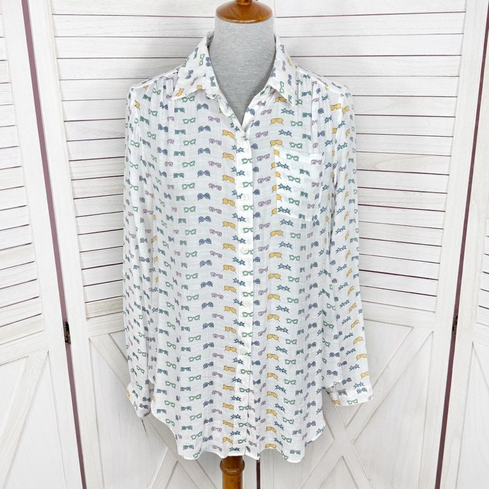 Zac & Rachel Sunglasses Button Up Shirt Blouse White Multi Small Long Sleeve